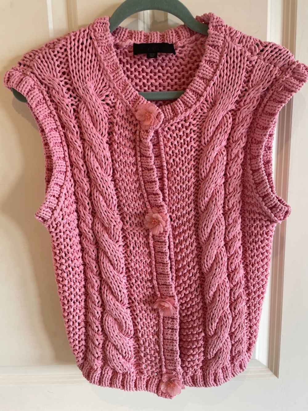 Zara Cable-Knit Sleeveless Cardigan in Soft Pink